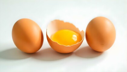 Tres huevos marrones están dispuestos sobre una superficie blanca. Un huevo se abre, revelando una yema de color amarillo brillante en su interior