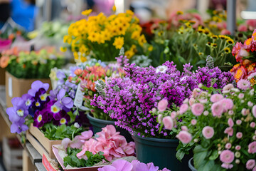 Blooming Abundance: A vibrant display of colorful potted flowers at a market. Showcasing diverse hues and textures.