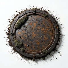 Fototapeta premium A weathered metal manhole cover with rust spots, surrounded by soil and small grass tufts, isolated against a clean white background.