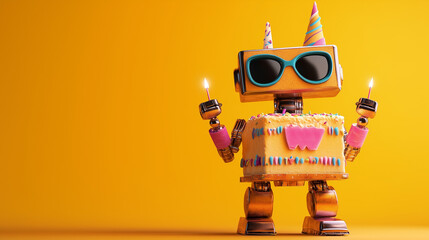 Robot wearing sunglasses, sitting by a birthday cake. Happy birthday party graphic banner with copyspace