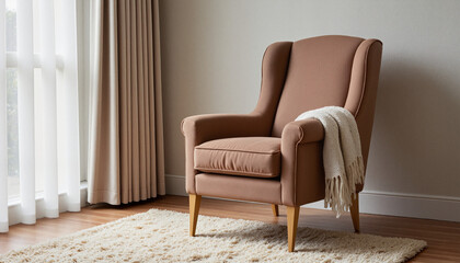 Cozy Mocha Mousse velvet armchair with knitted throw beside large window in living room