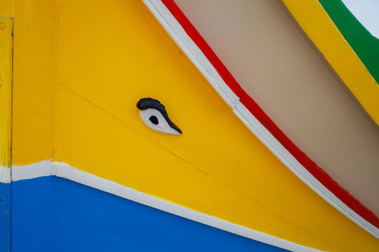 Eye symbol sign on traditional famous maltese luzzu fishing boat close up