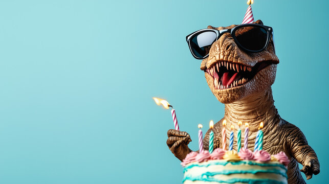 Tyrannosaurs Rex (T Rex) dinosaur wearing sunglasses, sitting by a birthday cake. Happy birthday party graphic banner with copyspace