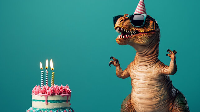 Tyrannosaurs Rex (T Rex) dinosaur wearing sunglasses, sitting by a birthday cake. Happy birthday party graphic banner with copyspace
