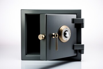 Secure steel safe with combination lock and key on white background