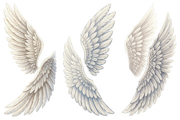 Fototapeta premium Four White Angel Wings Set, Isolated on Transparent Background, Digital Illustration, Feather Design, Angel wings, white wings, digital art