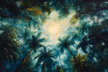 Obraz premium Mystical Tropical Rainforest Landscape with Lush Palm Trees and Beams of Sunlight