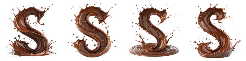 Four Chocolate Splash Letter S, 3D Render, Isolated on Transparent Background, Chocolate milk, Drink, Chocolate, Splash, 3D render