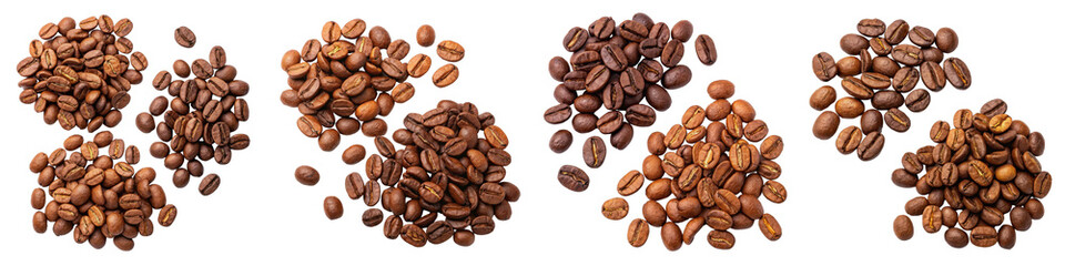 Naklejka premium Five Clusters of Coffee Beans Isolated on Transparent Background, Coffee Beans Composition, Food Photography, Coffee, Beans, Background