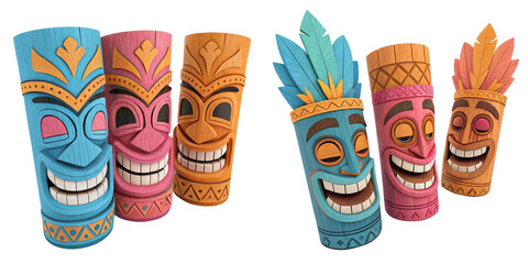 Five Smiling Tiki Masks, 3D Render, Isolated on Transparent Background, Cartoon, Tribal, Tiki, Mask, 3D render