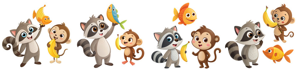 Fototapeta premium Cartoon Raccoon Monkeys Fish Bananas, Isolated on Transparent Background, Clipart, Illustration, Animals, Cartoon, Childrens