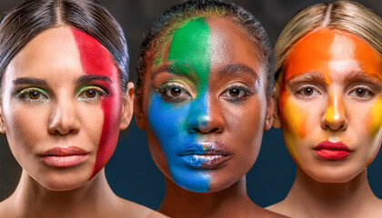 Obraz premium close-up portrait series of women from different ethnicities with their faces painted 