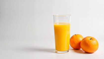 Freshly squeezed orange juice with whole oranges on white surface, vitality