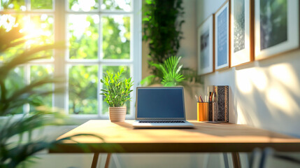 Contemporary home office interior featuring a laptop, natural sunlight streaming through the windows, and a clean, minimalist design