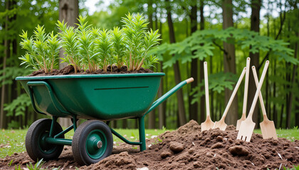 Green wheelbarrow loaded with seedlings ready for planting in a lush garden
