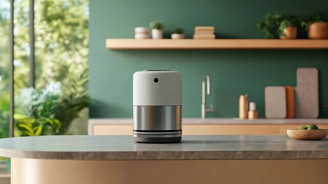 An advanced kitchen device sits elegantly on a countertop, demonstrating its sleek design and usability in a bright, stylish kitchen