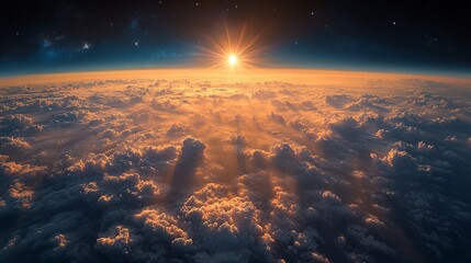A celestial view of a golden sunset over a sea of clouds, captured from the edge of space, showcasing atmospheric beauty.