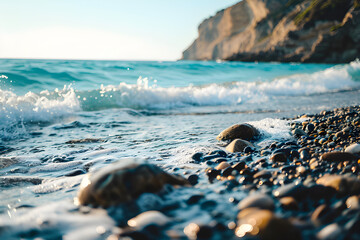 Azure Embrace: Capture the soothing essence of the coast, where waves kiss pebbles, creating a symphony of the sea in the sun-kissed environment.