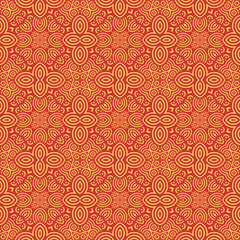 Vector Japanese seamless pattern in oriental geometric traditional style. Festive ornament for lunar chinese new year decoration. Red and golden asian creative motif. Abstract Waves and Circles.