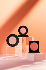 Elegant Display of Vibrant Blush Compacts Against a Soft Background to Elevate Your Makeup Collection and Inspire Beauty Enthusiasts