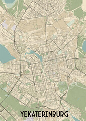 The image depicts a detailed map of Yekaterinburg, a city in Russia. The map is rendered in a minimalist style with beige and brown tones, highlighting the city's street network.