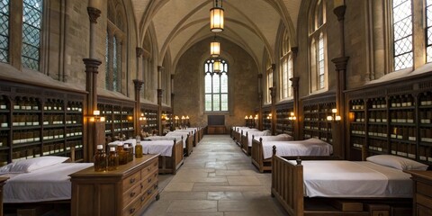 Historic library with rows of wooden beds and shelves filled with glass jars in a gothic architectural setting