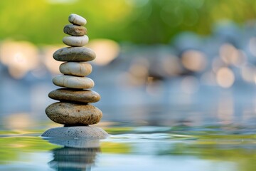 Obraz premium A balanced stack of stones floats gently in the calm water of a pond, surrounded by soft-focus greenery, Reflecting on all the milestones you've achieved during your time with us