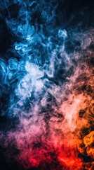 Fototapeta premium Colorful smoke swirls against black background; abstract art, design