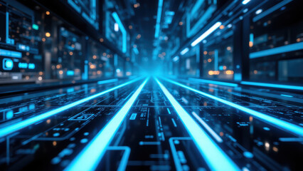 Futuristic digital infrastructure with vibrant blue lights representing modern ci/cd pipelines, docker containers, kubernetes clusters, and devops practices.