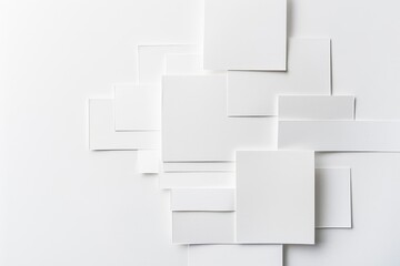White background with sharp modern typography and white paper squares, A white background with sharp, modern typography