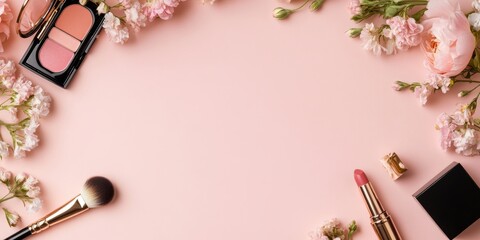 beauty postcard template, elegant pink and gold postcard template with beauty elements makeup brush, lipstick, floral frame, and space for a congratulatory message