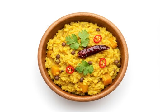 Traditional Indian khichdi made with lentils, rice, and vegetables served in a wooden bowl isolated on white background