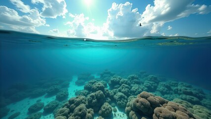 Fototapeta premium A view of a cAerial view of a shallow coral reef affected by bleaching in clear tropical waters oral reef with a bird flying overhead