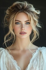 Elegant portrait of a blonde woman with blue eyes and delicate features, styled with an updo and wearing a sheer white dress.