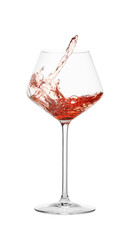 Tasty wine splashing in glass on white background