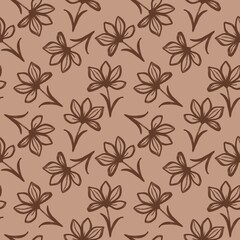 Seamless floral pattern with texture brown lines on beige background. Elegant and stylish design for textile, wallpaper and decorative projects.