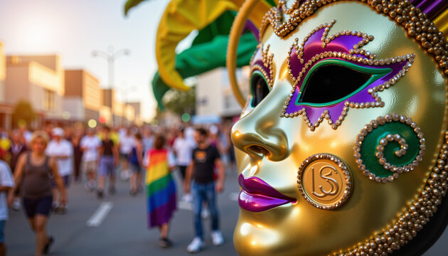 Vibrant Mardi Gras mask with doubloon amidst parade crowd, celebration