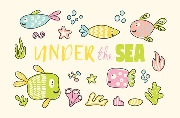 Set of underwater cartoon fish with seaweed corals and bubbles illustration vector illustration