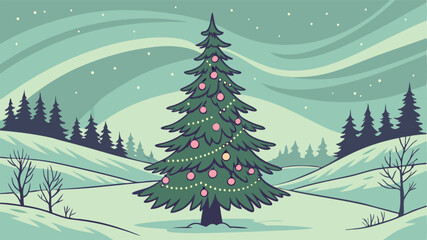 Obraz premium Winter wonderland Christmas background featuring grand decorated tree, sparkling ornaments, glowing lanterns, dreamy aurora borealis, and icy landscape with snow-covered pine trees in a magical scene