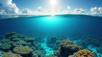Obraz premium A view of a cAerial view of a shallow coral reef affected by bleaching in clear tropical waters oral reef with a bird flying overhead