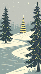 Fototapeta premium Frozen lake Christmas background with snow-covered fir trees, golden fairy lights reflecting in icy water, dreamy winter landscape, and a beautifully decorated Christmas tree glowing on a snowy hill