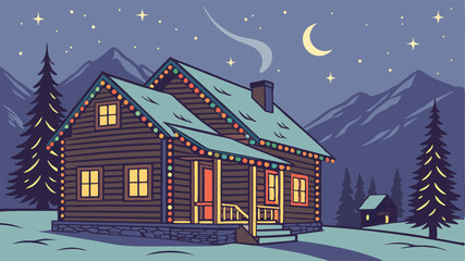 Fototapeta premium Christmas mountain night background featuring cozy wooden cabins decorated with colorful string lights, snow-covered pine trees, twinkling stars, and breathtaking northern lights illuminating