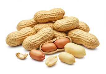 Whole and peeled peanuts with scattered shells, showing detailed textures isolated on white background