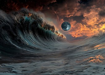 tidal wave on an alien planet, with alien moonsets reflecting in the monstrous water body