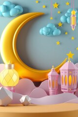 Ramadan Kareem Festive Scene 3d Render with Moon and Lanterns