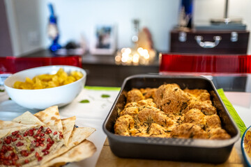 Christmas table set for a festive meal with delicious dishes