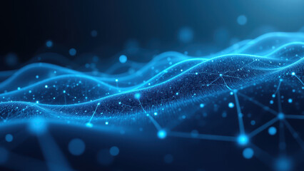 Digital visualization of cloud computing infrastructure with blue energy waves and circular nodes representing software containers or virtual machines.