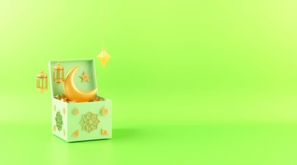Eid Gift Box with Crescent Moon and Lanterns 3d Render