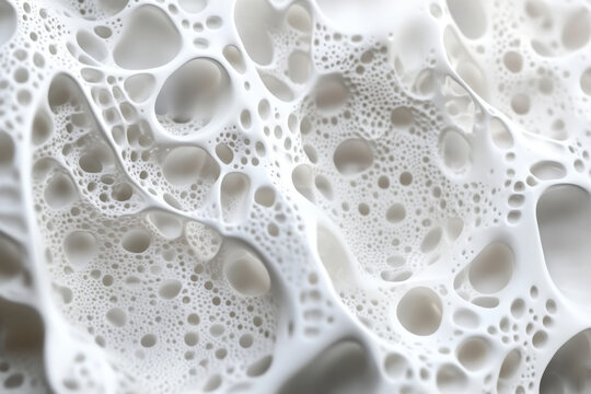 Microscopic view of bone tissue showing decreased density and increased porosity, characteristic of osteoporosis 
