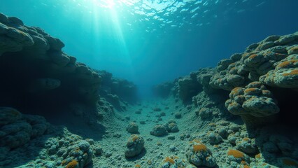 Fototapeta premium A coral reef with sunSunlight streaming through an underwater coral canyon affected by bleaching and climate change light shining through the water